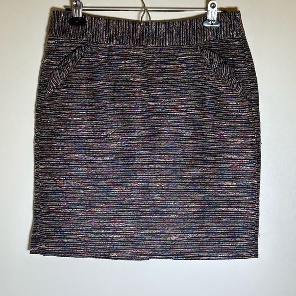 Loft multi colored mini pencil skirt size 6. Black with rainbow striped mini - Picture 2 of 10